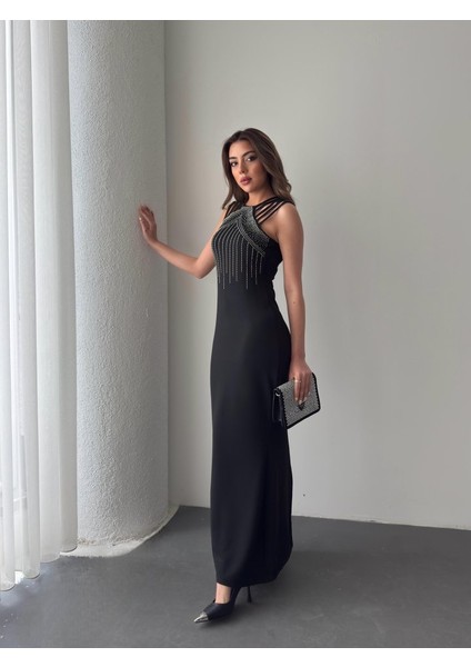 Kadın Omuz Çoklu Askılı Önü Taş Işlemeli Balık Kesim Janjan Krep Maxi Boy Elbise 2xl-3xl-Siyah fiyatları