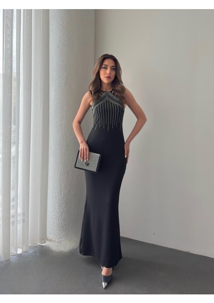 Kadın Omuz Çoklu Askılı Önü Taş Işlemeli Balık Kesim Janjan Krep Maxi Boy Elbise 2xl-3xl-Siyah fırsatları