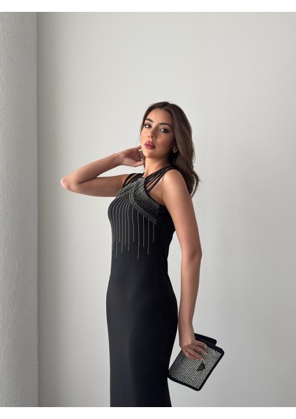 Kadın Omuz Çoklu Askılı Önü Taş Işlemeli Balık Kesim Janjan Krep Maxi Boy Elbise 2xl-3xl-Siyah indirimleri