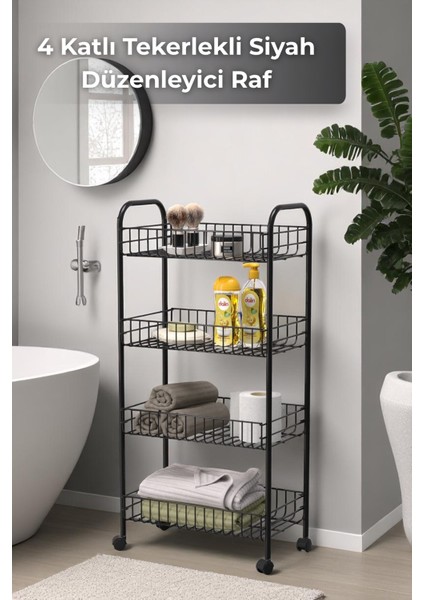 4 Katlı Siyah Tekerlekli Banyo Rafı, Mutfak Rafı, Deterjanlık, Sebzelik, Makyaj Çok Amaçlı Organizer