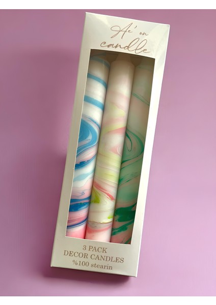 Ae'on Dekor Mermer Desen Şamdan Mum 3 Lü Paket (Damlatmaz)