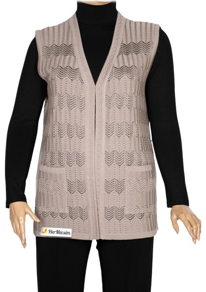 Hesna Kadın Gökçe Triko Ajurlu Boncuklu Cepli Taş Beji Yelek