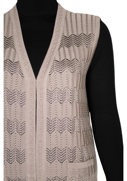 Hesna Kadın Gökçe Triko Ajurlu Boncuklu Cepli Taş Beji Yelek fiyatları