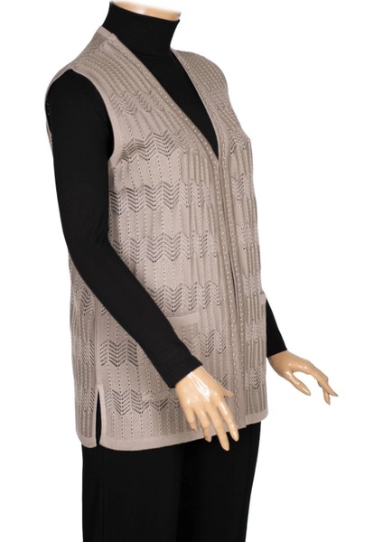 Hesna Kadın Gökçe Triko Ajurlu Boncuklu Cepli Taş Beji Yelek modelleri