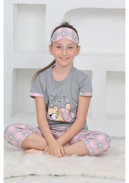 (6-11 Yaş) Ayıcık Desenli Kız Çocuk kapri takım - Gri modelleri