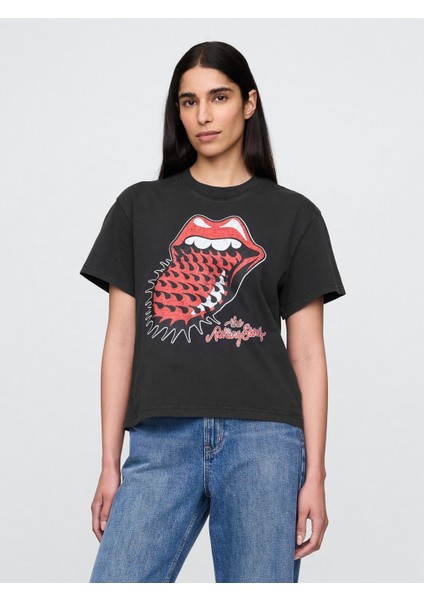 Kadın Siyah Organik Pamuk Grafik T-Shirt