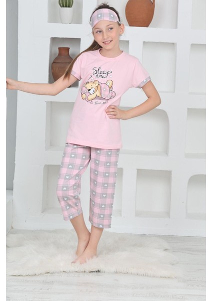 (6-11 Yaş) Ayıcık Desenli Kız Çocuk kapri takım - Pembe