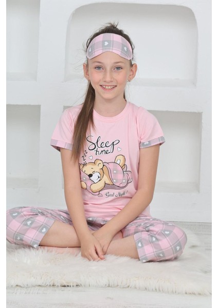 (6-11 Yaş) Ayıcık Desenli Kız Çocuk kapri takım - Pembe modelleri