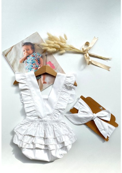 Kız Bebek Beyaz Pamuklu Salopet Bandana Takım modelleri