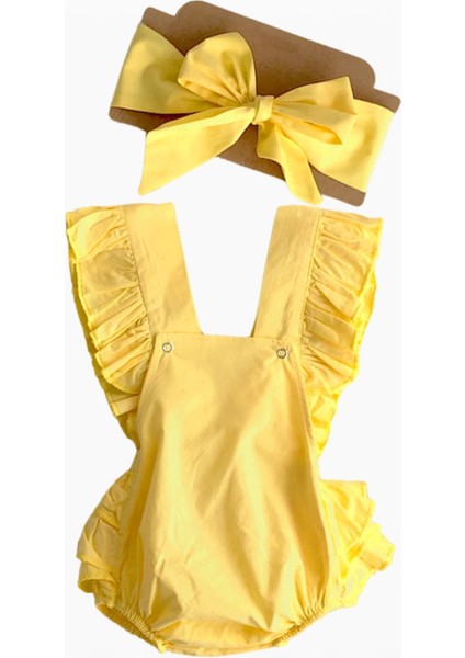 Kız Bebek Sarı Pamuklu Salopet Bandana Takım