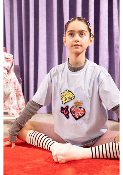 Unisex, 100% Koton, Çocuk, Oversize, Janti Fox Patchleriyle Tasarlanabilir Mavi T-Shirt fırsatları