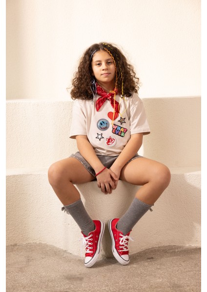 Unisex, 100% Koton, Çocuk, Oversize, Janti Fox Patchleriyle Tasarlanabilir Bej T-Shirt modelleri