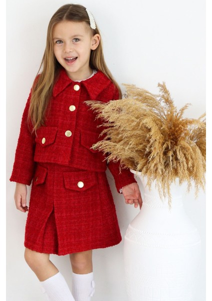 Kız Çocuk Kırmızı Carmen Tüvit Uzun Kollu Düğmeli 23 Nisan Etek Ceket Takım