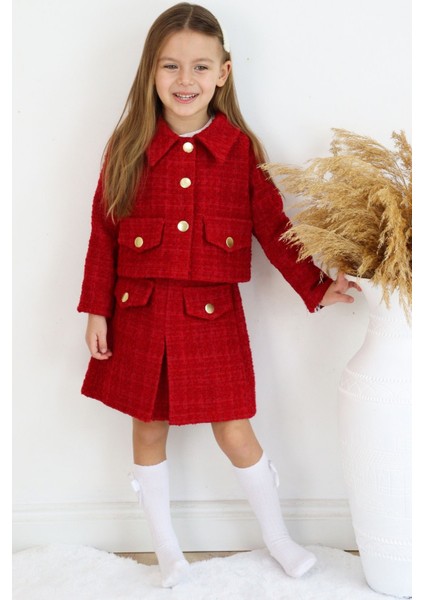 Kız Çocuk Kırmızı Carmen Tüvit Uzun Kollu Düğmeli 23 Nisan Etek Ceket Takım fiyatları