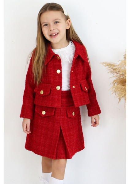 Kız Çocuk Kırmızı Carmen Tüvit Uzun Kollu Düğmeli 23 Nisan Etek Ceket Takım modelleri