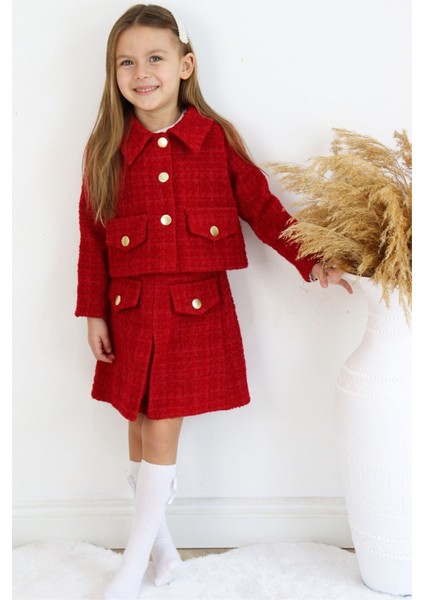 Kız Çocuk Kırmızı Carmen Tüvit Uzun Kollu Düğmeli 23 Nisan Etek Ceket Takım indirimleri