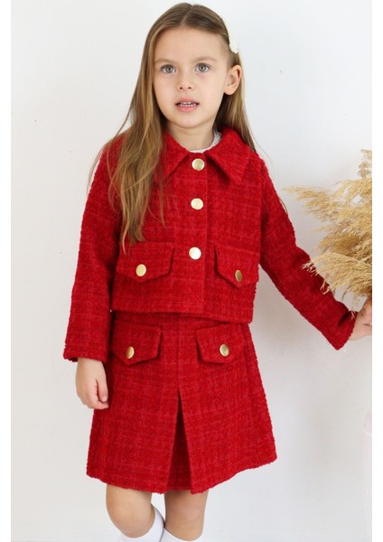 Kız Çocuk Kırmızı Carmen Tüvit Uzun Kollu Düğmeli 23 Nisan Etek Ceket Takım