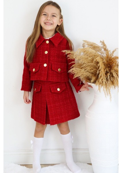 Kız Çocuk Kırmızı Carmen Tüvit Uzun Kollu Düğmeli 23 Nisan Etek Ceket Takım