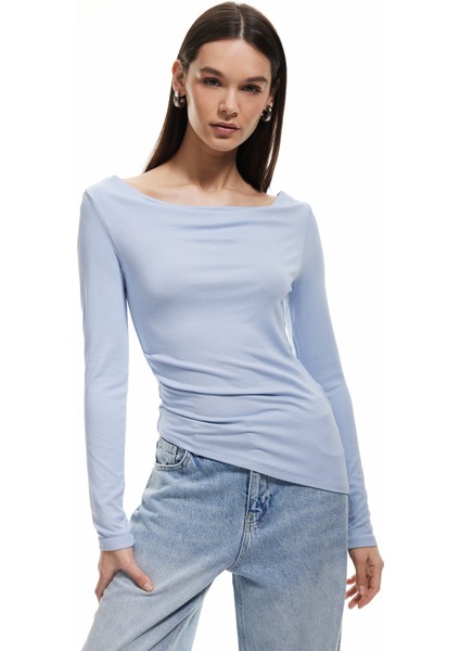 Yeni Sezon Viskon Asimetrik Uzun Kollu Slim Fit Degaje Yaka Tişört