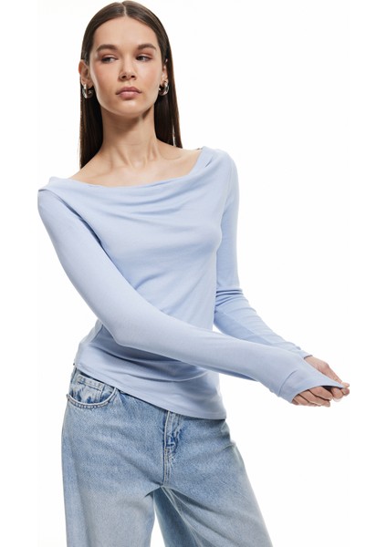 Yeni Sezon Viskon Asimetrik Uzun Kollu Slim Fit Degaje Yaka Tişört fiyatları