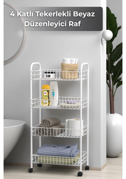 4 Katlı Beyaz Tekerlekli Banyo Rafı, Mutfak Rafı, Deterjanlık, Sebzelik, Makyaj Çok Amaçlı Organizer