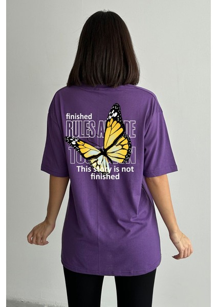 Kadın Büyük Kelebek Baskılı Bisiklet Yaka Oversize T-Shirt