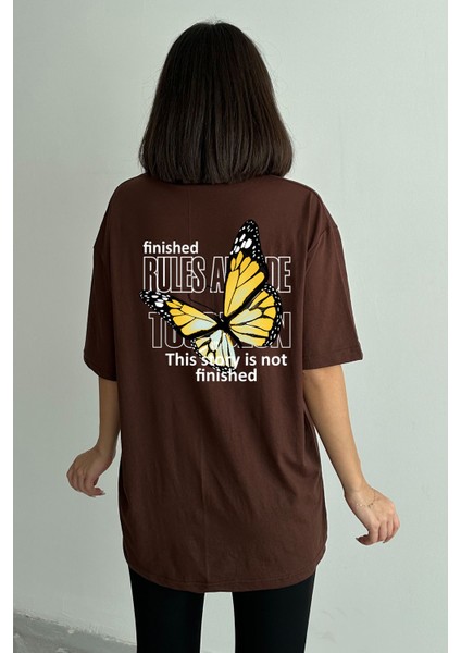 Kadın Büyük Kelebek Baskılı Bisiklet Yaka Oversize T-Shirt