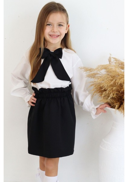 Kız Çocuk Uzun Kollu Siyah Etek Ekru Bluz Fular 23 Nisan Takım