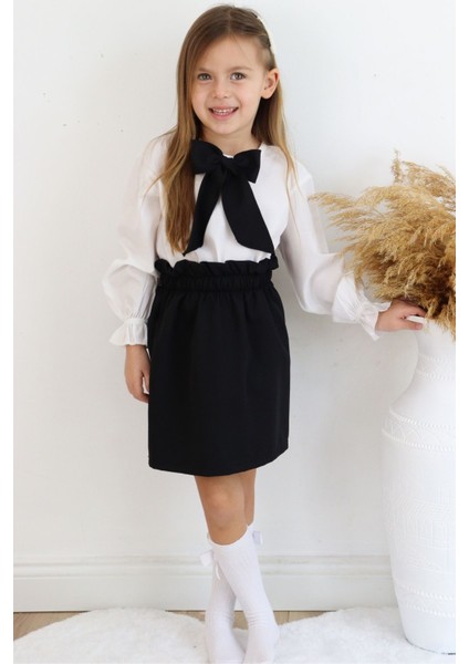 Kız Çocuk Uzun Kollu Siyah Etek Ekru Bluz Fular 23 Nisan Takım