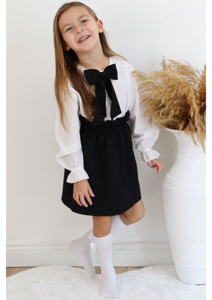 Kız Çocuk Uzun Kollu Siyah Etek Ekru Bluz Fular 23 Nisan Takım