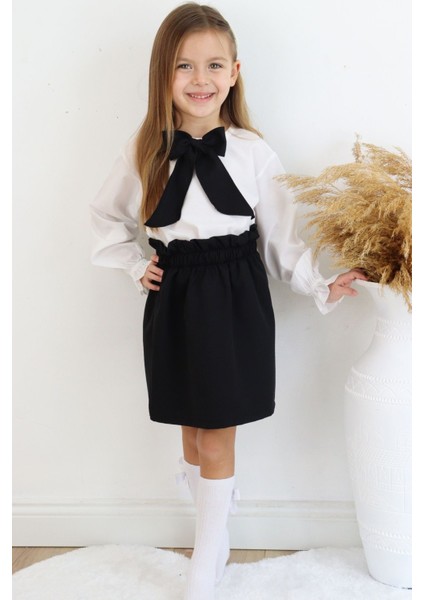 Kız Çocuk Uzun Kollu Siyah Etek Ekru Bluz Fular 23 Nisan Takım
