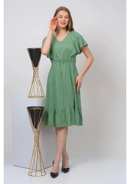 Kadın Yeşil Renk Önden Düğmeli Volan Detaylı Yazlık Midi Elbise 4436-105 fiyatları