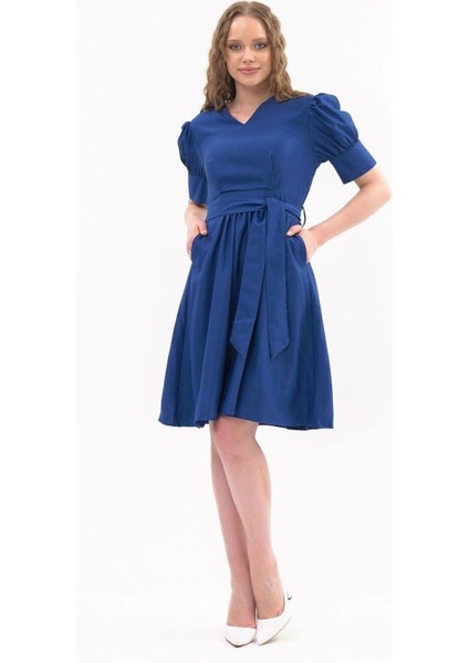 Kadın Yeni Sezon Kuşaklı Cep Detaylı Polyester Krep Elbise 4379 Boy 95 modelleri