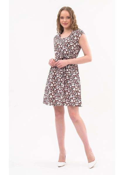 Kadın Kahve kare Yaka cep Detaylı Mini Elbise Elbise 4434-97