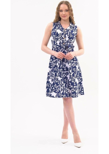 Kadın Lacivert Düğme Detaylı V Yaka Cotton Elbise 4405/105