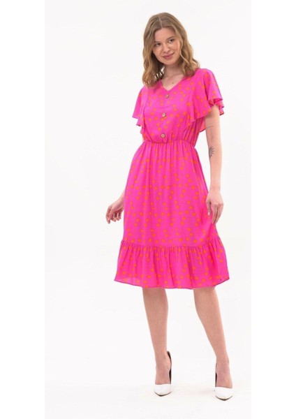 Kadın Eelbise Fuşya Düğmeli Volan Detaylı Yazlık Midi Elbise 4436-105