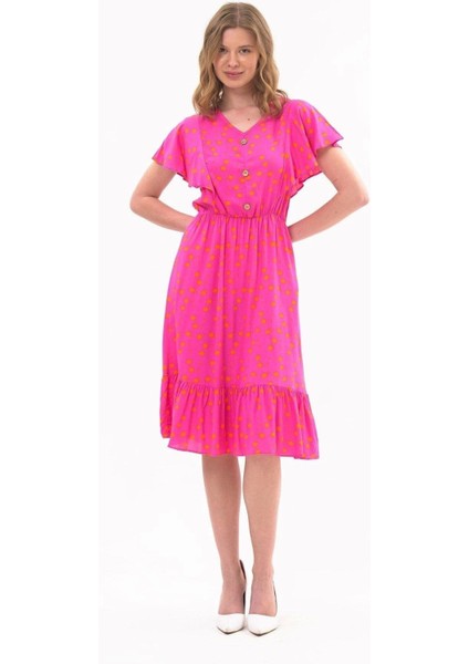 Kadın Eelbise Fuşya Düğmeli Volan Detaylı Yazlık Midi Elbise 4436-105 fiyatları