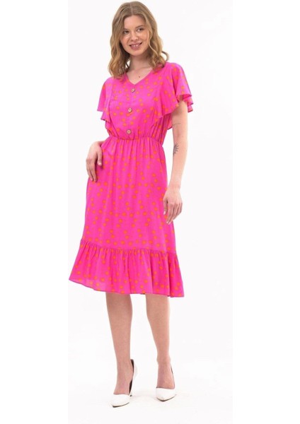 Kadın Eelbise Fuşya Düğmeli Volan Detaylı Yazlık Midi Elbise 4436-105 modelleri