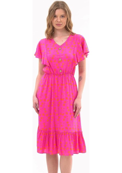 Kadın Eelbise Fuşya Düğmeli Volan Detaylı Yazlık Midi Elbise 4436-105 fırsatları