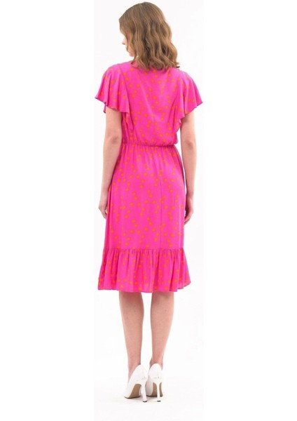 Kadın Eelbise Fuşya Düğmeli Volan Detaylı Yazlık Midi Elbise 4436-105 indirimleri