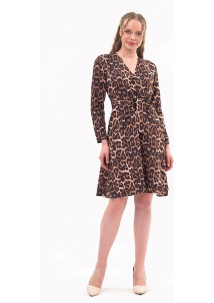 Kadın Taba Kruvaze Bağlama Detaylı Leopar Desenli Mevsimlik Midi Elbise 4358-100 fiyatları
