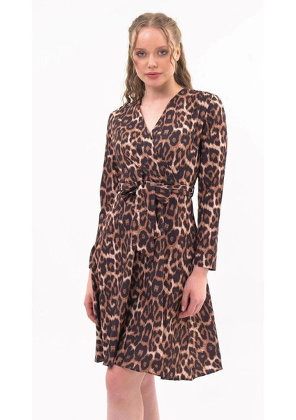 Kadın Taba Kruvaze Bağlama Detaylı Leopar Desenli Mevsimlik Midi Elbise 4358-100 indirimleri