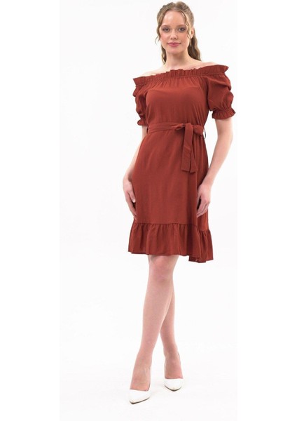 Kadın Kiremit Madonna Yaka Kuşak Bağlama Detaylı Midi Elbise 4369-95