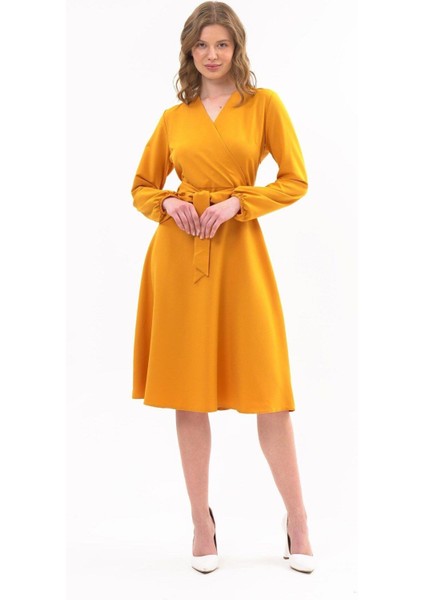 Kadın Hardal Bağlama Detaylı Kruvaze Yaka Midi Boy Elbise 4338-110