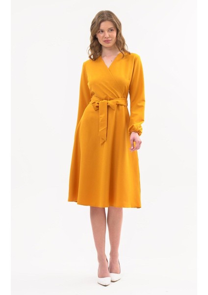Kadın Hardal Bağlama Detaylı Kruvaze Yaka Midi Boy Elbise 4338-110 fiyatları