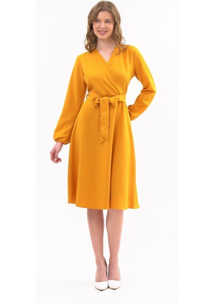 Kadın Hardal Bağlama Detaylı Kruvaze Yaka Midi Boy Elbise 4338-110 modelleri