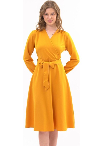 Kadın Hardal Bağlama Detaylı Kruvaze Yaka Midi Boy Elbise 4338-110 fırsatları