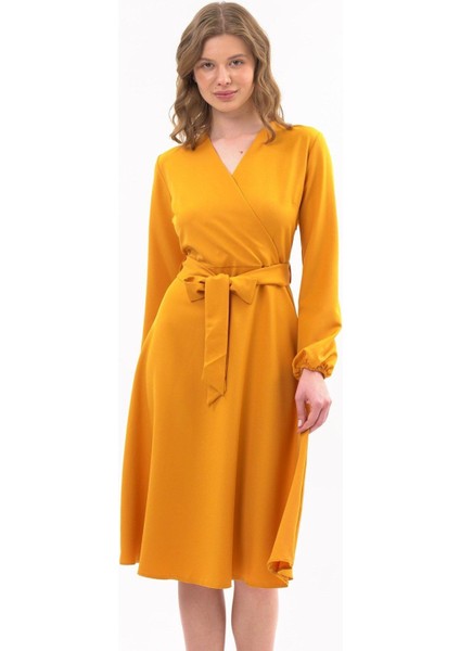 Kadın Hardal Bağlama Detaylı Kruvaze Yaka Midi Boy Elbise 4338-110 indirimleri