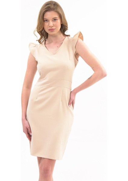 Kadın Bej Renk V Yaka Omuz Detaylı Mini Elbise 4328-95 fiyatları