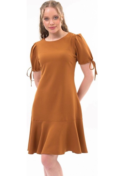 Kadın Taba Pileli kol Bağlama Detaylı Volanlı Midi Boy Elbise 3812-100 modelleri